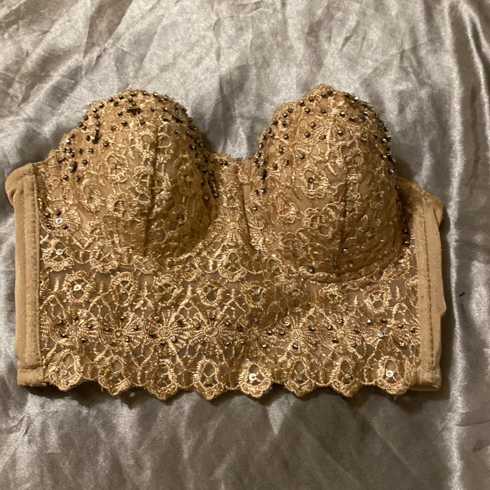 Lace rhinestone tan corset top